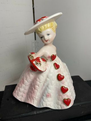 Vtg Lefton Girl Valentine Planter Spaghetti Trim Dress Covered In Hearts 1963