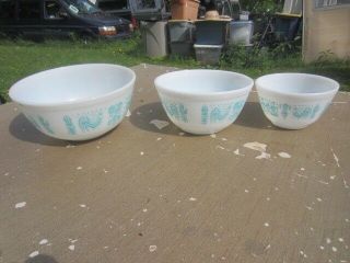 NEST OF 3 Vintage Pyrex Amish Butterprint Turquoise Mixing Bowls 401 402 403 2