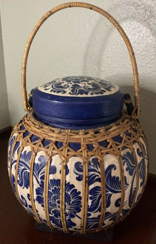 Vintage Thailand Rice Basket Box Hand Made Bamboo Blue White Floral Rattan Wood