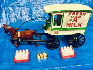 Vintage Milk Cast Iron Horse Drawn Delivery Wagon “fresh A Milk” & Milk Bottles