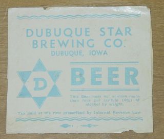 1 Beer Label From Dubuque,  Iowa,  Dubuque Star Beer,  Case Or Keg Label,  Irtp