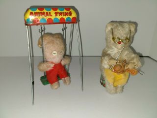 Vintage Tin Wind - Up Toy Animal Swing And Knitting Furry Bears Japan 50 - 60s Winds