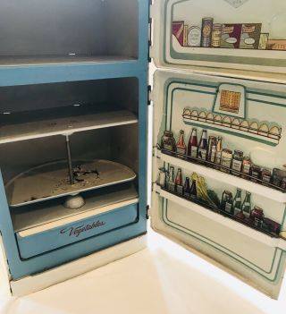 Large Vintage 1950s Wolverine Tin Litho Toy White Refrigerator Made In Usa