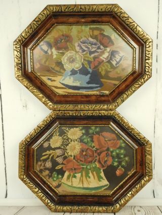 Set Of 2 Vintage Needlepoint Bouquet Of Flowers Octagon Frame Glass 12x16 " Size