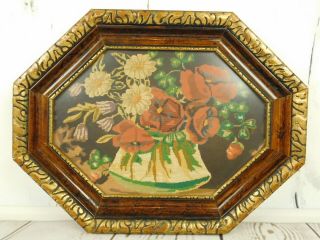Set of 2 Vintage Needlepoint Bouquet of Flowers Octagon Frame Glass 12x16 