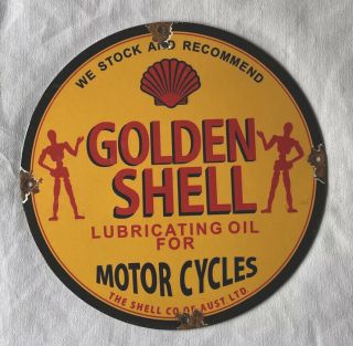 Vintage 1950’s Golden Shell Motorcycle 12” Porcelain Sign Car Truck Oil Gas