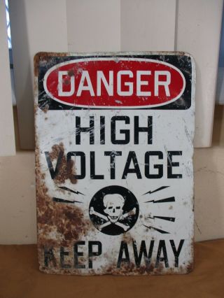 Vintage Danger High Voltage Keep Away Factory Sign With Skull & Bones 10 " X14 "