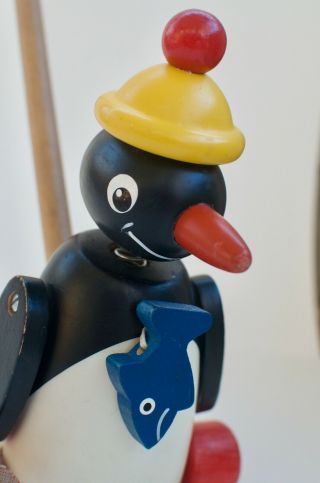 Collectible Vintage Walter Wooden Push Toy Penguin - Made In West Germany