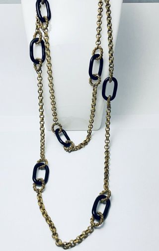 Vintage Signed Miriam Haskell 53 " Gold Tone Black Textured Chain Link Necklace