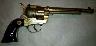 Vintage Hubley Cowboy Capgun Large Frame Toy Cap Gun,  Gold Tone Black Grips