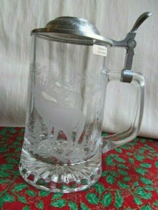 Vintage Etched Glass Tankard Stags Pewter Lid Domex Made In Germany
