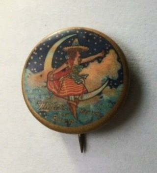 Vintage 1940s Miller High Life Beer Girl On The Moon Pinback Button Pin Ribbon