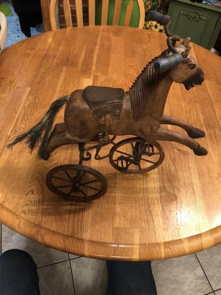 Antique Toy Horse Tricylce Wood Iron And Leather