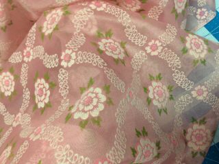 Vintage Sheer Flocked Fabric Pink White Green Floral 2 Yards Plus.  Width 44”