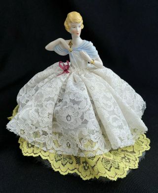 Vtg Porcelain Half Doll Pin Cushion Boudior Doll Lady In Shawl Victorian Lace