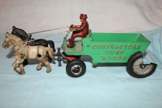 Vintage Arcade Cast Iron Contractors Dump Cart And Horses