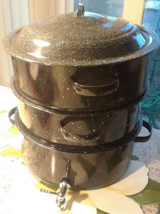 Vtg Speckled Enamel Clam/lobster Bake Pot/ Steamer 3 Piece W/ Spout - & Lid Guc