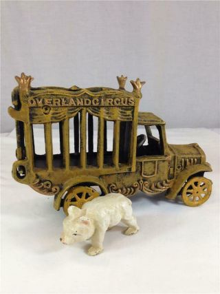 Vintage Cast Iron Yellow Overland Circus Truck With White Bear