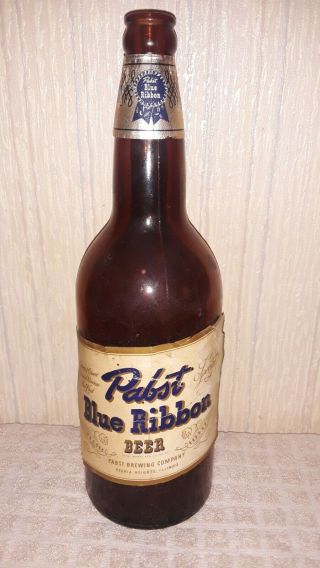Vintage Pabst Blue Ribbon Irtp Beer Bottle Amber Brown Peoria Heights Il W/label