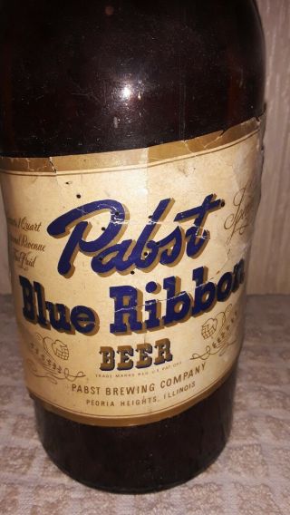 Vintage Pabst Blue Ribbon IRTP Beer Bottle Amber Brown Peoria Heights Il W/Label 2