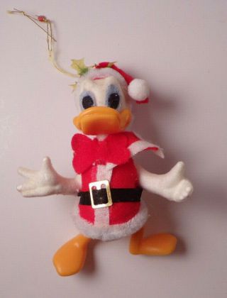 Vintage Disney Donald Duck Christmas Ornament Flocked Plastic Santa Suit
