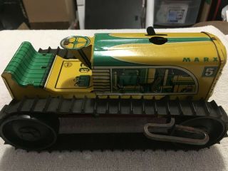 Vintage 1950s Marx Tin Litho Wind Up Yellow Bulldozer Caterpillar Tractor