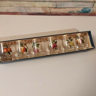 Set Of Six Vintage French Shot Glasses,  Fruit Designs With Gilt Rims Unus