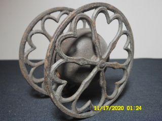 Antique Large Victorian Toy Roller Cast Iron Heart Design Wheels Brass Bell