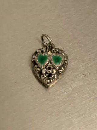 Vintage 1940s Puffy Sterling Silver Heart Charm With 2 Green Enamel Hearts