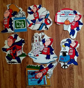 Set Of 7 Different Vintage 1970s Budweiser Beer Bud Man Stickers Look
