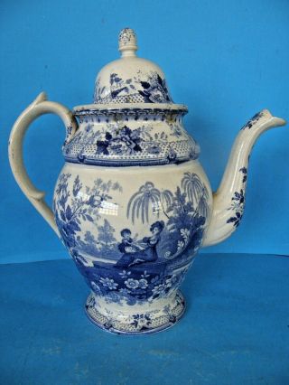 Vintage Staffordshire Tranferware Coffee Pot Blue With Beehive Lid