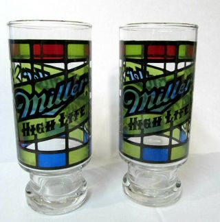 2 Vintage Miller High Life 6.  5 " Stained Glass Footed Beer Glasses Red Green Blue