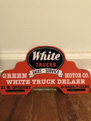 Vintage White Trucks Green Motor Co Metal License Plate Topper Gas Porcelain