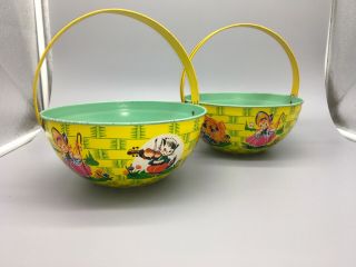 2 Vintage J.  Chein Tin Litho Easter Baskets With Nursery Rhyme Theme Made In Usa