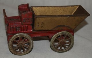 Vintage Arcade Cast Iron 675 Dump Truck Wagon - Red / Gold