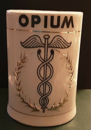 Vintage French Porcelain Opium Apothecary Jar Embossed Gold Pharmacy