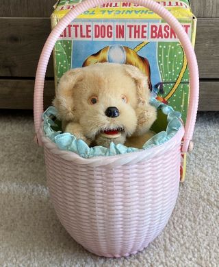 Vintage Wind Up Toy Little Dog Puppy In The Basket Mechanical Alps