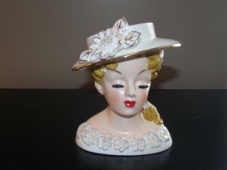 Vintage 1959 Rubens Originals Lady Head Vase W/ Closed Eyes & Wide Hat 500