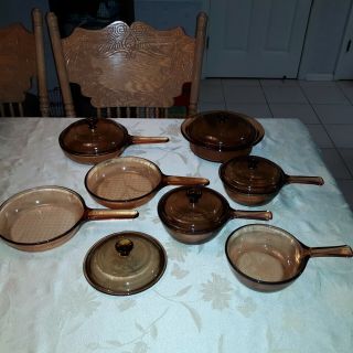 Vintage Corning Pyrex Amber Vision Ware Glass Cookware 12 Piece Set Pots & Pans