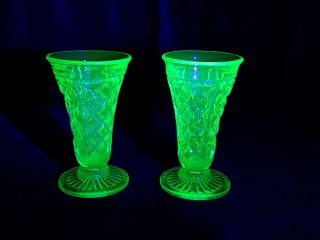 Vintage Pair Green Uranium Glass Vases Depression? Crown Crystal Glass Co? C1930