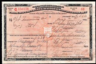Prohibition Whisky Prescription Old Doctor Pharmacy Bar Wright 8/7 1925 Ma Rx