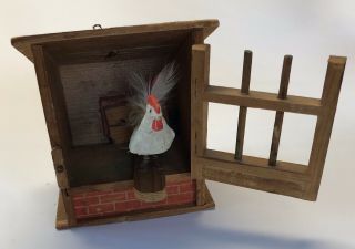 RARE EARLY 1900 ' s GERMAN PENNY TOY WOOD CHICKEN COOP SPRING FOLK ART ANTIQUE 2