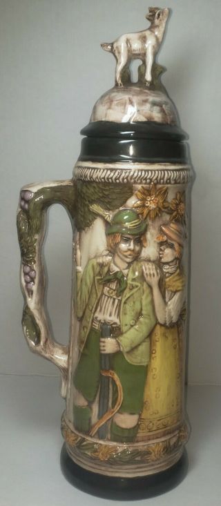 Vintage Large Tall German Beer Stein Hand Painted Ceramic 14.  5 " Tall