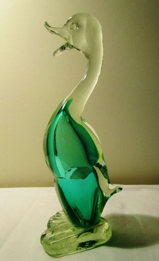 Very Pretty Jade Green & Clear Italian Murano Art Glass Duck Figurine Vintage