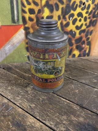 Vintage Hollingshead Whiz Metal Polish Can Full Gas Station Sign Oil Car Graphic