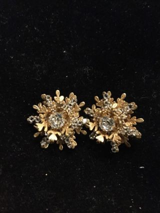 Vintage Miriam Haskell Rhinestone Gold Tone Clip Earrings Vvg