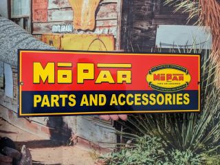 Old Vintage Mopar Parts & Accessories Porcelain Enamel Dealership Sign Gas & Oil