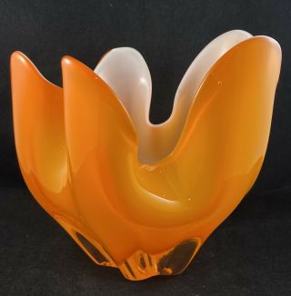 Vintage Empoli Fluted Orange Cased Art Glass Murano Bowl Mid Century Retro 60s