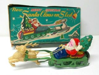 Vintage 1950`s Tin & Celluloid Wind - Up Toy Santa Claus On Sled W/box,