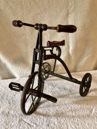 Antique Metal Doll Tricycle W/wooden Handle Bars And Seat